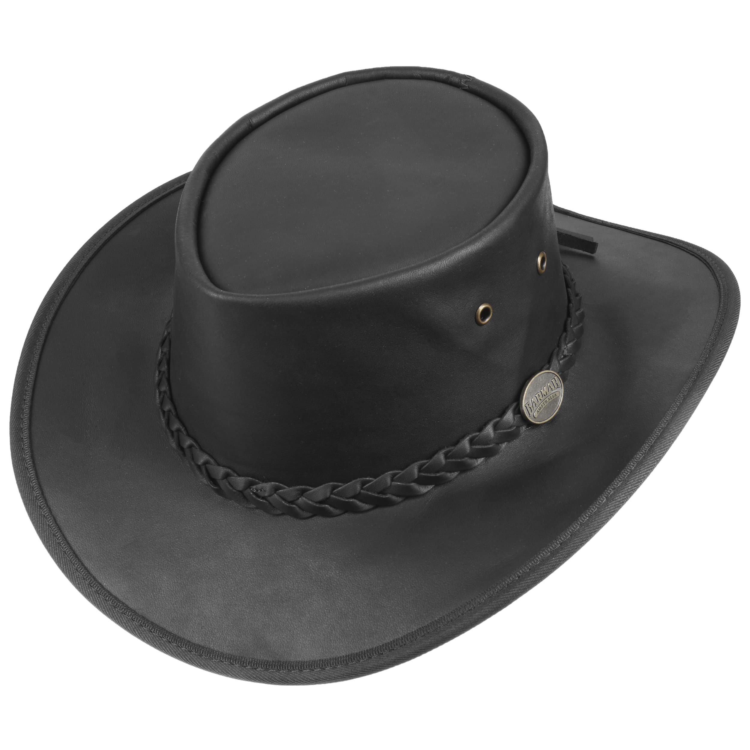 orig BARMAH schwarzer Leder Hut AUSTRALIEN Outback schwarz knautschbar