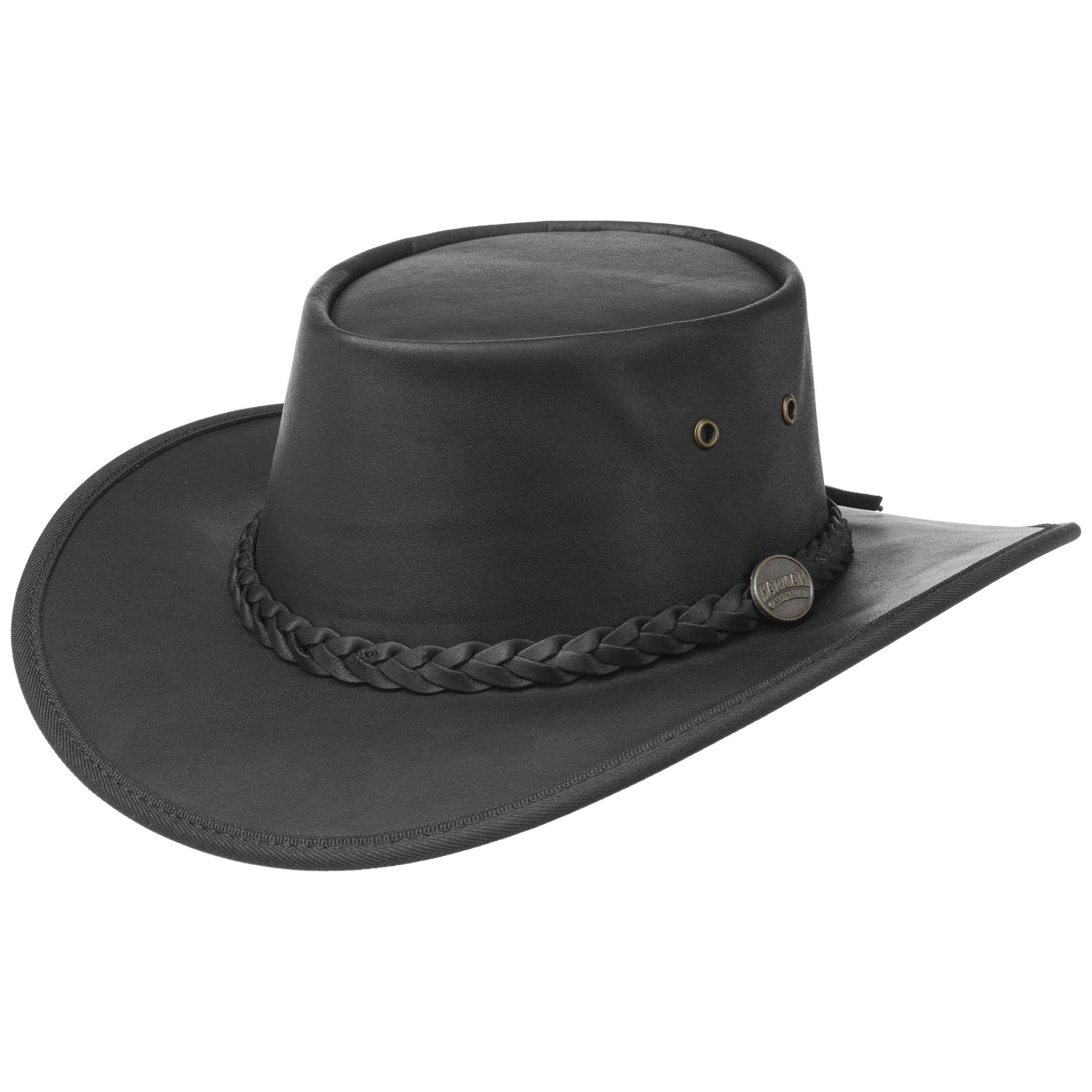 orig BARMAH schwarzer Leder Hut AUSTRALIEN Outback schwarz knautschbar